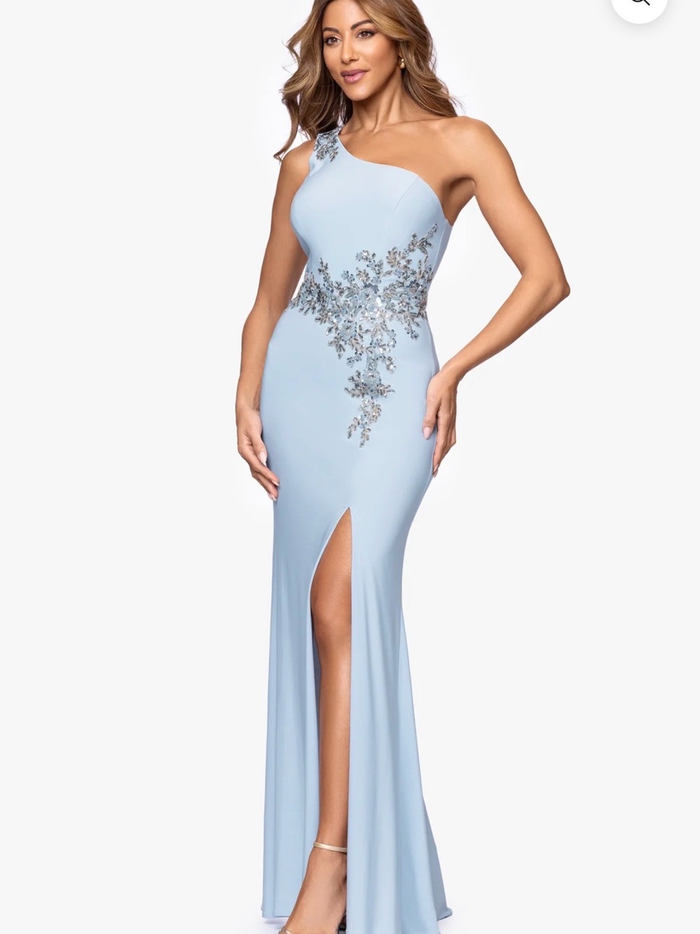 Xscape One-Shoulder Light Blue Embellished Evening Gown